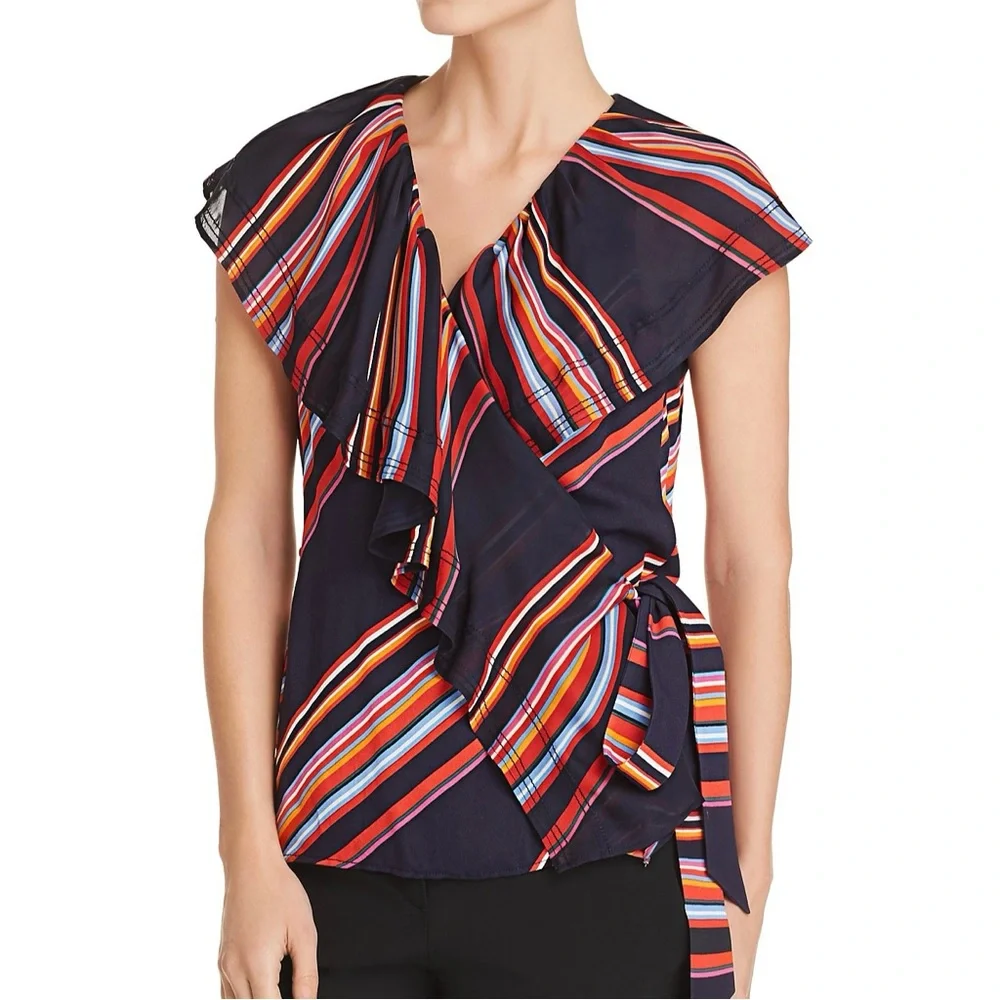 Tory Burch Amelia Navy Blue Multicolor Stripe Ruffled Wrap Blouse Top Sz 8